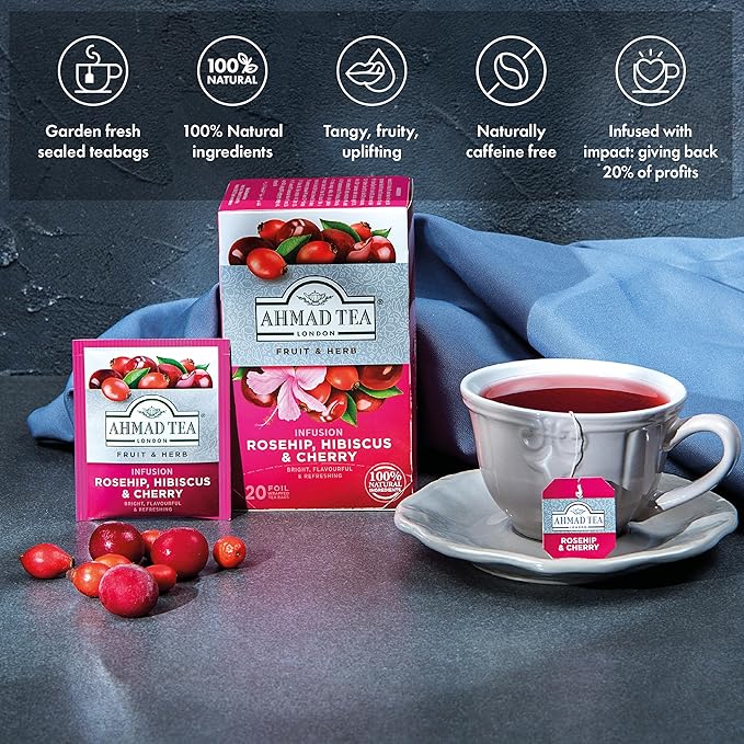 Ahmad Tea Herbal Tea, Rosehip, Hibiscus, & Cherry, 20 ct (Pack of 1) - Decaffeinated & Sugar-Free