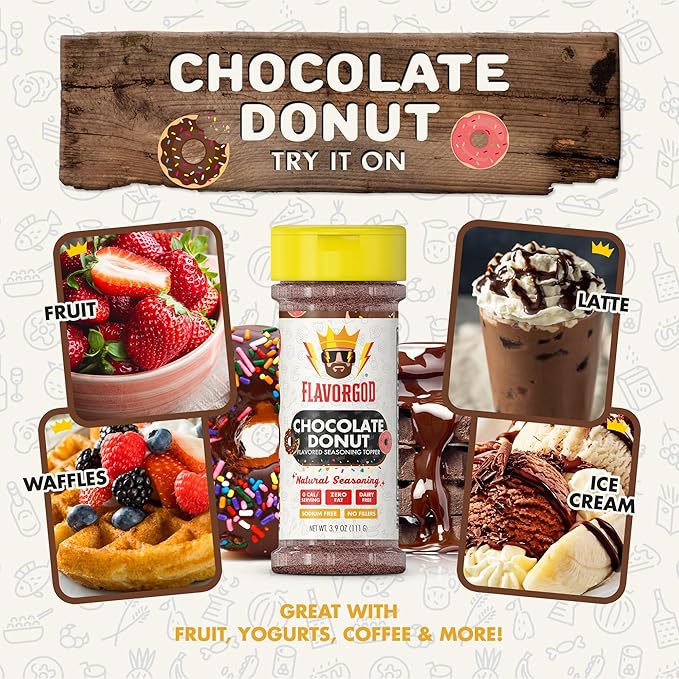 Chocolate Donut Topper Seasoning Mix, 2 Bottles by Flavor God - Premium All Natural & Healthy Spice - Blend for Coffee, Oatmeal, Pancakes & Smoothies - Kosher, Low Sodium, & Gluten-Free