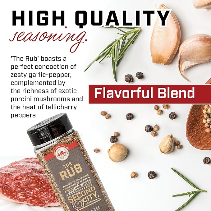The Rub Seasoning for Steaks, Burgers, Fish, Chicken, and Veggies 10oz 2-pack, A Seasoning Blend of Zesty Garlic Pepper, Rich With Exotic Porcini Mushrooms and Tellicherry peppers For Meats and Seafood - by Second City Prime