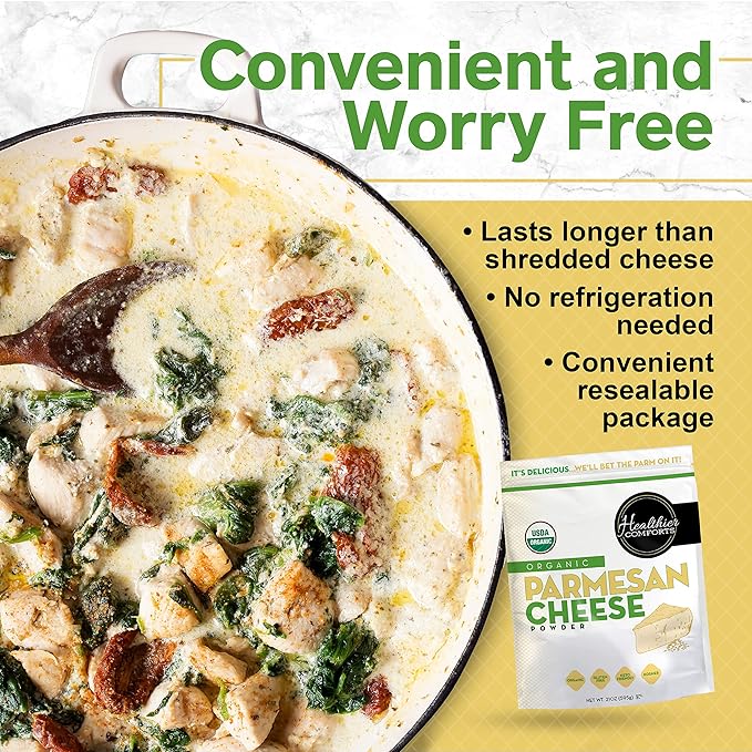 Healthier Comforts Organic Parmesan Cheese Powder, Kosher, Non-GMO, Chemical Free, Gluten Free, Keto Friendly, From Cows Raised Free of Antibiotics or Hormones (rBGH or rBST) (21 oz, Organic Parmesan)