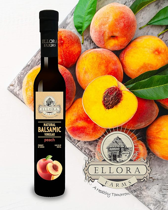 Ellora Farms, Peach fruit Infused Greek Balsamic Vinegar, thick and creamy, no-added sugars, no-preservatives, 8.45 oz. bottle, Pack of 1