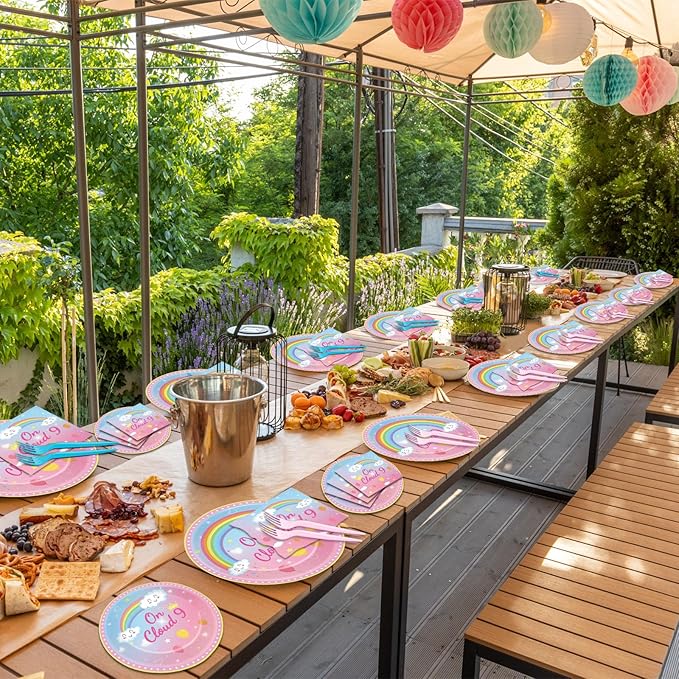 96 Pcs On Cloud 9 Birthday Decorations for Girls On Cloud 9 Party Plates and Napkins Supplies 9th BirthdayTableware Set Rainbow Themed Party Favors Serves 24 Guests