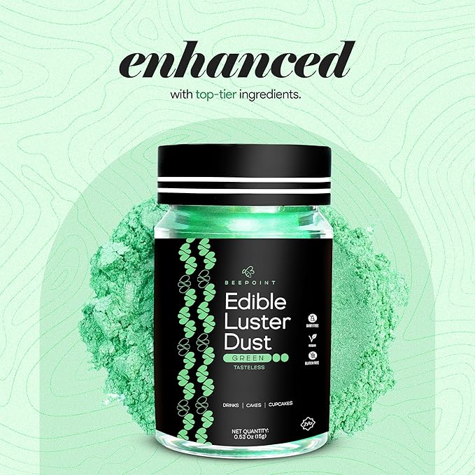 BeePoint Green Edible Luster Dust 15g - Food Grade, Vibrant Color Shimmer Powdered Dust for Drinks, Cocktails, Cake Decorating, Baking, Chocolates, Candy, Sweets, & Cookies - Vegan & Gluten Free