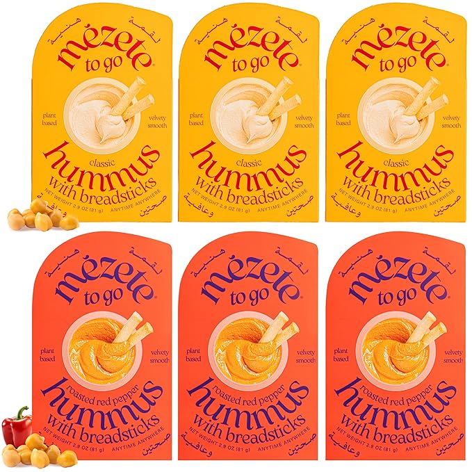 Mezete Customer Favorite Hummus Pack with Breadsticks | Authentic Middle Eastern Recipe | All-Natural Dips and Spreads | Ready to Eat | Shelf-Stable | On-the-Go Vegan Dips | Pack of 6