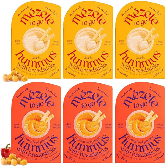 Mezete Customer Favorite Hummus Pack with Breadsticks | Authentic Middle Eastern Recipe | All-Natural Dips and Spreads | Ready to Eat | Shelf-Stable | On-the-Go Vegan Dips | Pack of 6