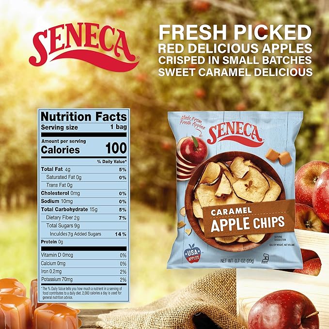 Seneca Caramel Apple Chips | Made from Fresh Apples | 100% Red Delicious Apples | Yakima Valley Orchards | Crisped Apple Perfection | Foil-Lined Freshness Bag | 0.7 ounce (Pack of 24)