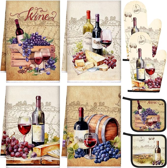 Bencailor 8 Pcs Kitchen Towel Pot Holders and Oven Mitts Set Kitchen Decoration 4 Dish Towels 2 Retro Oven Mitts 2 Potholders for Housewarming Gift Cooking Baking Grilling(Red Wine,Vintage Color)
