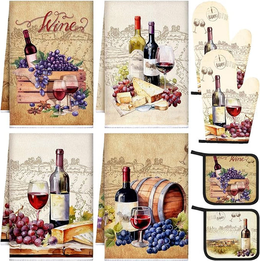Bencailor 8 Pcs Kitchen Towel Pot Holders and Oven Mitts Set Kitchen Decoration 4 Dish Towels 2 Retro Oven Mitts 2 Potholders for Housewarming Gift Cooking Baking Grilling(Red Wine,Vintage Color)