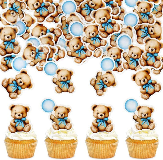 40 PCS Edible Baby Shower Bear Cupcake Toppers Drink Topper Selection Baby Bear Theme Baby Shower Decorative Supplies Jungle Animal Theme Birthday Party Cake Decorative Supplies Blue