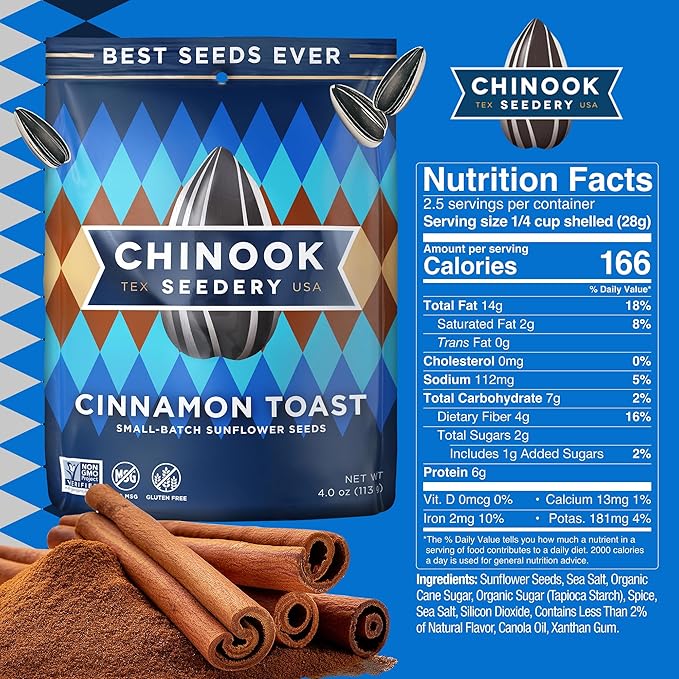 Chinook Seedery Roasted Jumbo Sunflower Seeds - Keto Snacks - Best For Snack Packs - Gluten Free, Non GMO Snack Food Gifts - 4 ounce (Pack of 12) - Cinnamon Toast Flavor