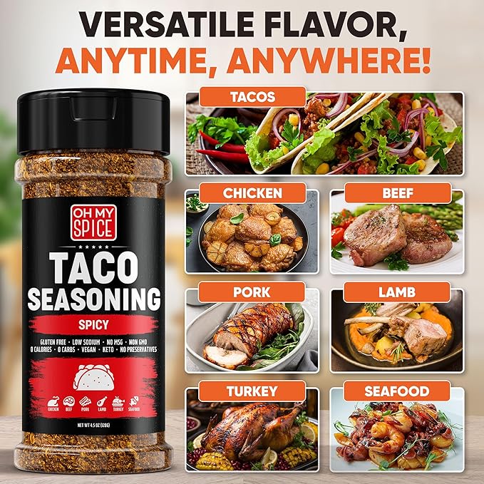Taco Seasoning Mix Spicy Chili Powder - Gluten Free & Low Sodium Mexican Seasoning Blend for Taco Tuesday Night. Fajita & Burrito Spicy Seasonings. Meat, Chicken & Fish Tacos Hot Spices Topping. 4.5oz
