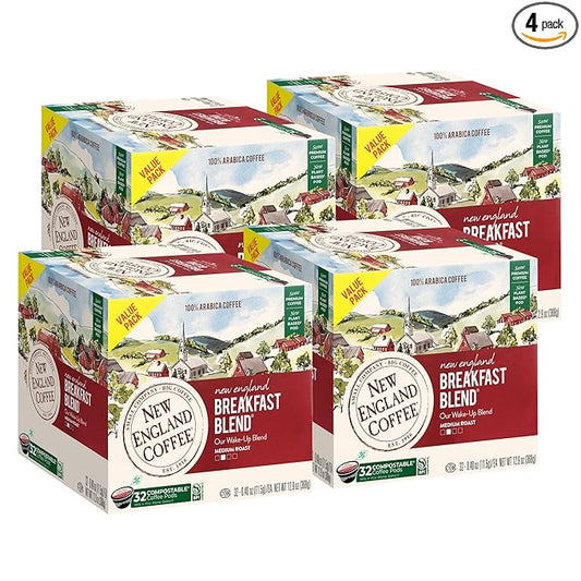 New England Coffee Breakfast Blend Medium Roast Single Serve Pods, 32ct Box (Pack of 4)