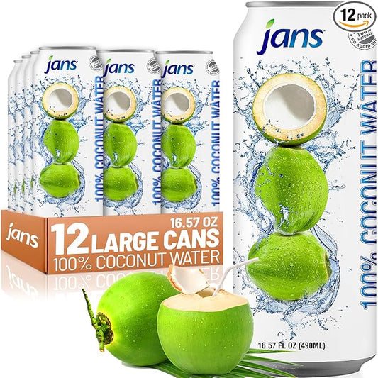 Jans 100% Pure Coconut Water with Real Pulp (12-Pack 16.57 Fl Oz) - No Sugar Added, Non-GMO, Optimal Hydration Natural Electrolytes - Agua de Coco Pulpa Bulk