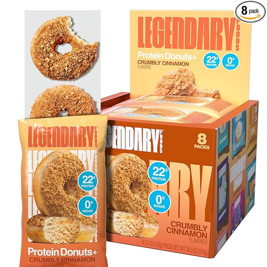 Legendary Foods 22gr Protein Donuts - Crumbly Cinnamon 8x (2 Donuts per Pack), High Protein, Zero Sugar, Gluten Free, Low Carb, Keto Friendly Snack, Healthy Donut for GLP-1, Diabetic, Bariatric Diets