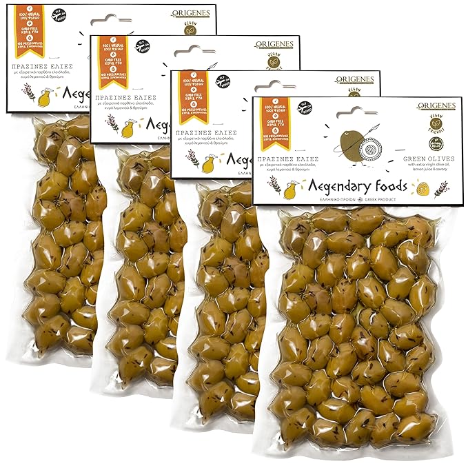 Pack of 4 Green Olives in Vacuum Bag , Marinated Olives in Savory Lemon Juice, Freshly Sealed Olives with Extra Virgin Oil 4X200g