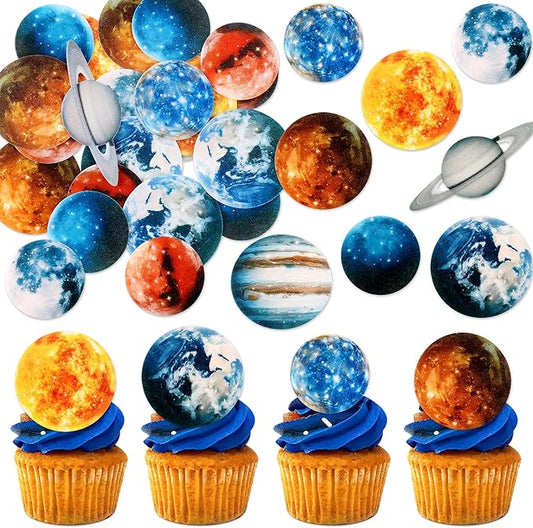 54 Pcs Edible Outer Space Cupcake Toppers Wafer Paper Solar System Galaxy Universe Planets Cupcake Picks for Drink Topper Baby Shower Boys Girls Birthday Outer Space Themed Party Cake Decorations