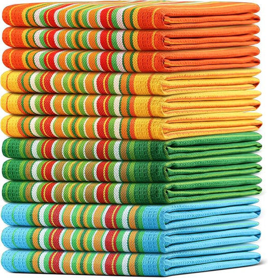 Salsa Stripe Kitchen Towels 100% Cotton Dish Towels for Kitchen Multi Color Highly Absorbent Multi-Purpose Waffle Dish Cloths for Cleaning Soft Hand Bar Towels 20x28 Inches (Set of 12)