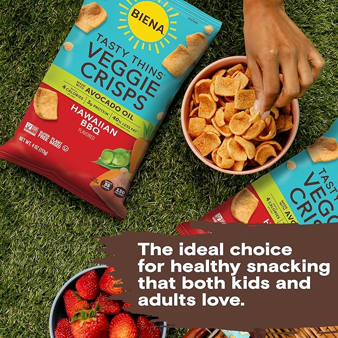 BIENA Tasty Thins Veggie Crisps ??Hawaiian BBQ, 4-Pack, 4 oz Bags ??Chickpeas & Veggies, Vegan, Gluten Free, Dairy-Free, Non-GMO, Allergy-Friendly, Healthy Snacks for Adults and Kids