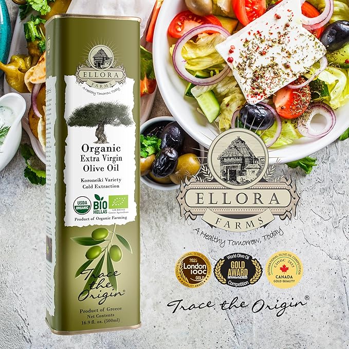 Ellora Farms, Extra Virgin Olive Oil, Organic Cold Press, Traceable Single Origin Olive Oil, Kosher, 17 oz. tin