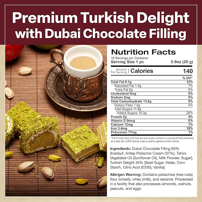 Eastanbul Premium Turkish Delight with Dubai Chocolate Filling, 8.8oz, Turkish Delights Pistachio, Lokum, Pistachio Candy Gift Box, International Candy, Lokum