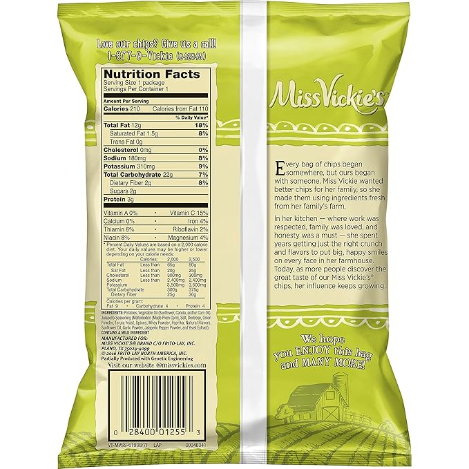 Miss Vickie's Kettle Cooked Potato Chips, Jalapeno, 1.375 Ounce (Pack of 64)