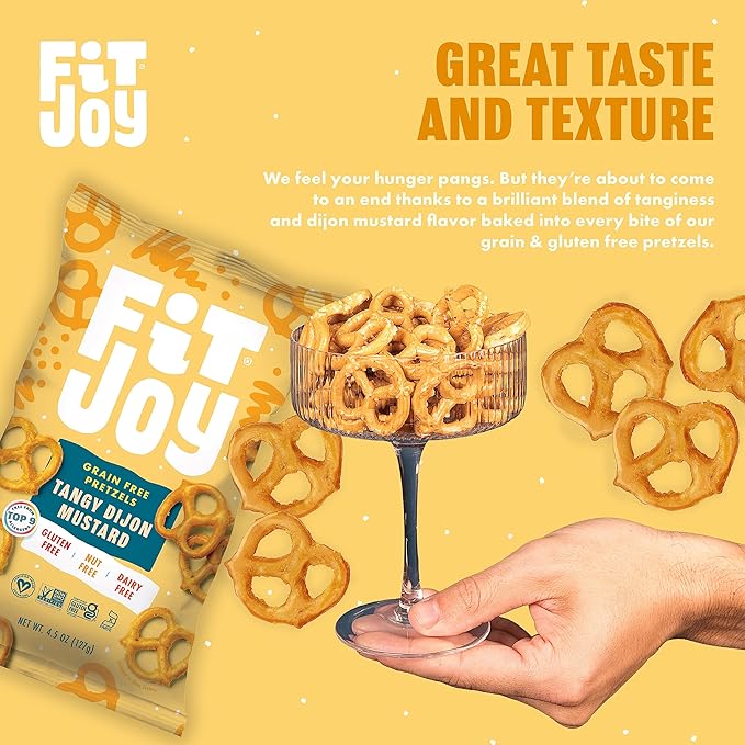 FitJoy Tangy Dijon Mustard Pretzels (Pack of 6, 4.5 Oz) - Dairy, Nut & Gluten Free Snacks - Grain Free Cassava Root & Chickpea Flour Vegan Pretzel Twists - Tangy Snack Pretzels for Children & More