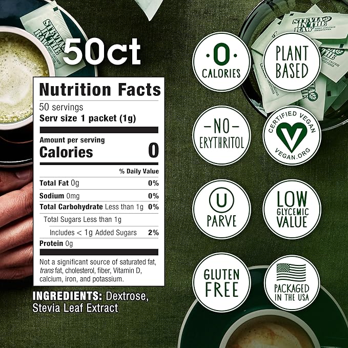 Stevia In The Raw, Plant Based Zero Calorie Sweetener, Sugar Substitute, Sugar-Free Sweetener For Coffee, Hot & Cold Drinks, Suitable For Diabetics, Vegan, Gluten-Free, 50 Count Packets (Pack of 1)