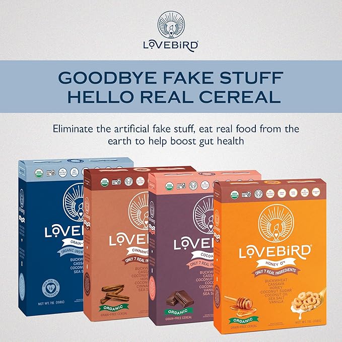 Lovebird Organic Gluten Free Cereal, Variety Pack??Prebiotic Fiber, Gut Health, Low Sugar, Grain Free, Breakfast or Snack ??Healthy Cereal Made With Real Food, 4 Pack, Kids & Adults