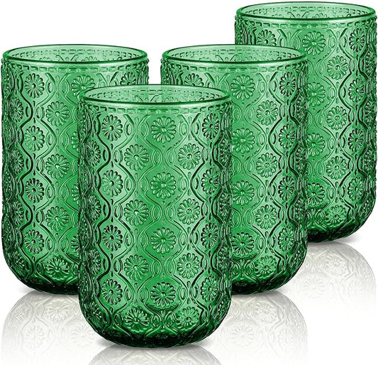 Joeyan Vintage Drinking Glasses,Green Embossed Floral Highball Glass Water Tumbler,14 oz Colored Beverages Juice Cocktail Beer Wine Glassware Cups,Set of 4,Dishwasher Safe
