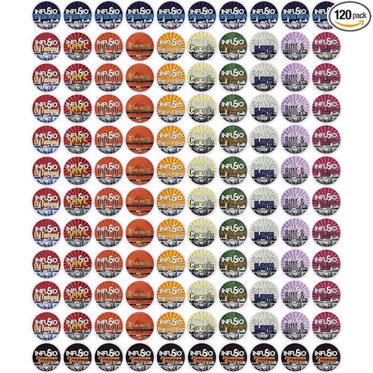 InfuSio Flavored Coffee Pods Variety Pack - 120 Count Flavored Medium Roast, 12 Curated Blends Inspired by Classic Cocktails, Compatible with Keurig K cups 2.0 Brewer