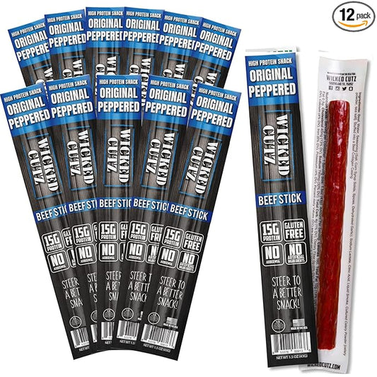 Wicked Cutz Original Peppered Beef Sticks, 15g Protein Per Beef Stick, Tender & Juicy Extra Large Meat Stick, USA Made High Protein Meat Sticks, Carnivore Snacks (12 Pack)
