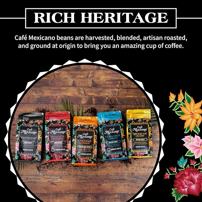Caf챕 Mexicano - Espresso Ground Coffee - Specialty Arabica Coffee Sourced from Mexico - 12 oz. Bag