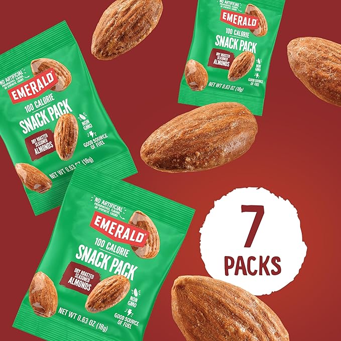 Emerald Nuts Dry Roasted Almonds 7ct (1-Pack) | 100-Calorie Individual Snack Packs | Plant-Based Protein, Kosher Certified, Non-GMO | Contains No Artificial Preservatives, Flavors or Synthetic Colors