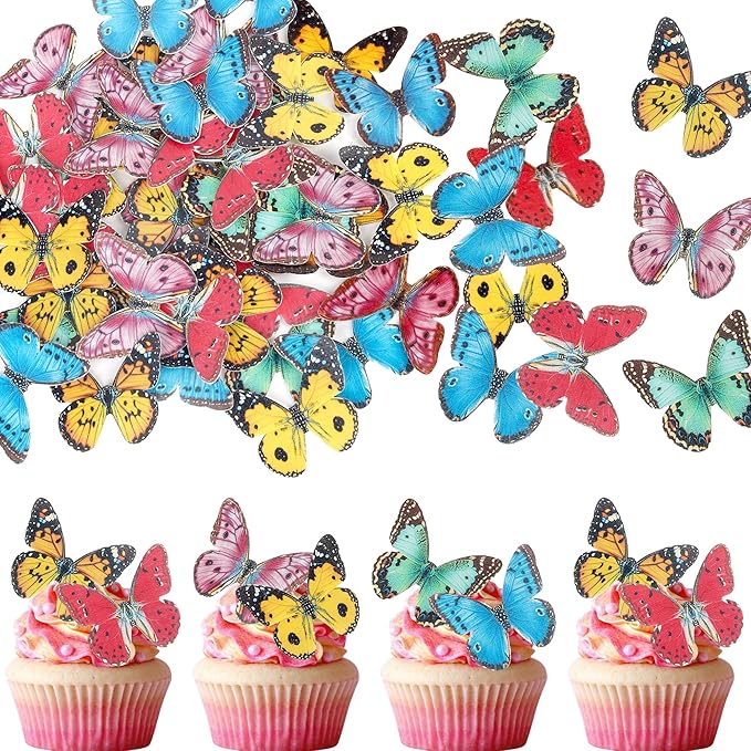 40 Pack Edible Butterfly Cake Decorations, Colorful Cupcake Toppers for Birthday & Wedding Parties