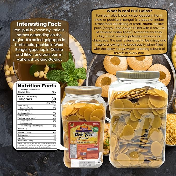 Rani Pani Puri Coins (Uncooked, Microwaveable Wheat Semolina Coins) 64oz (4lbs) w/Pani Puri Masala (14-Spice Blend for Indian Spicy Water) 1.75oz (50g) ~ All Natural | Vegan | NON-GMO | Kosher