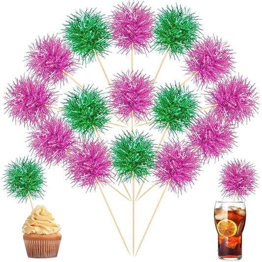 Chinco 100 Pcs Foil Firework Cupcake Toppers Sparkle Tinsel Cake Toppers Cake Decoration Cocktail Fruit Toothpick for Birthday Wedding Graduation Party(Pink, Green)