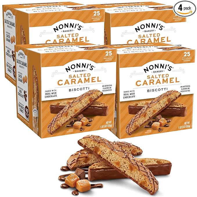 Nonni's Salted Caramel Milk Chocolate Biscotti Cookies ??Individually Wrapped Italian Coffee Snack, Crunchy Twice-Baked, 90 Cal Each, 21 oz Carton, 4 Pack