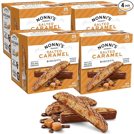 Nonni's Salted Caramel Milk Chocolate Biscotti Cookies ??Individually Wrapped Italian Coffee Snack, Crunchy Twice-Baked, 90 Cal Each, 21 oz Carton, 4 Pack