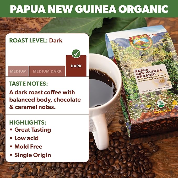 Low Acid Organic Coffee ??Whole Bean, Mold-Free & Stomach Friendly by Java Planet, Papua New Guinea Single Origin Coffee, Dark Roast, Smooth Full Flavored, 1LB Bag