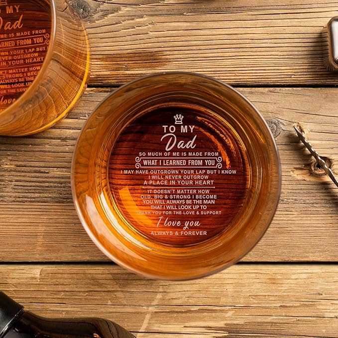 To Dad - Whiskey Rocks Glass, 14.2 Oz Old Fashioned Glasses for Dad, Unique Father's Day Gift Idea