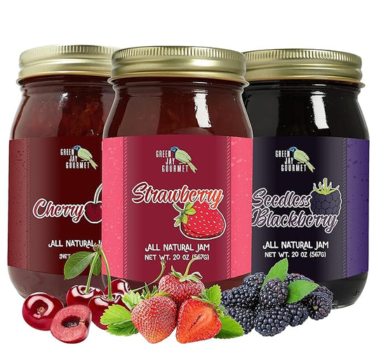 Green Jay Gourmet Classic Jam Collection - Cherry, Blackberry, & Strawberry Jam - All-Natural Fruit Jam Bundle - Vegan, Gluten-free Jam - No Preservatives or Corn Syrup - Made in USA - 3 x 20 Ounces