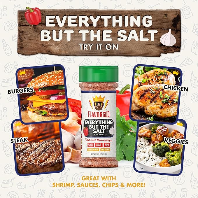 Everything But the Salt Seasoning Mix, 2 Bottles by Flavor God - Premium All Natural & Healthy Spice Blend for Chicken, Tacos, Salads & Pastas - Kosher, Low Sodium, Dairy-Free
