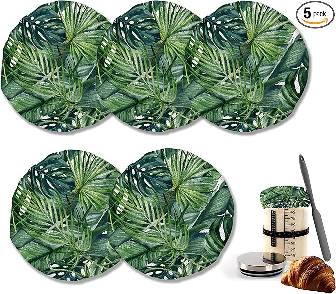 Sourdough Starter Cloth Covers Jars, Tropical Leaves Palm Or Kombucha Kefir Fermentation Cheese Fabric Lids,Gifts for Women Baker Fit Jars Mouth from 3-4 inch, 5 Pack