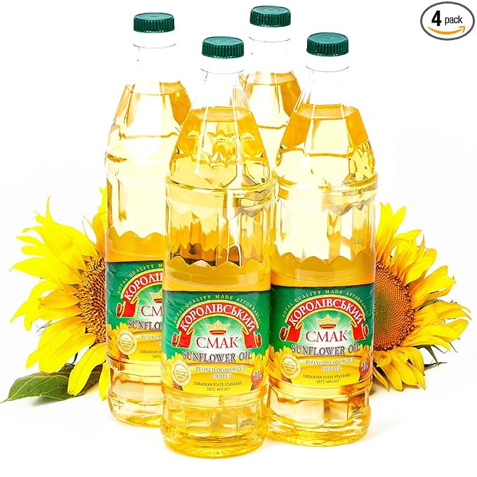 Refined Sunflower Oil, 1 Gal (4 x 1L), Premium Imported Ukrainian Cooking Oil, NON GMO, Halal & Kosher Certified, Neutral Oil for Frying & Salad