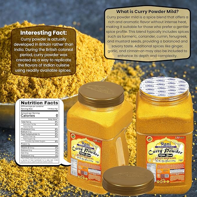 Rani Curry Powder Mild (10-Spice Authentic Indian Blend) 5lbs (2.27kg) PET Jar ~ All Natural | Salt-Free | NO Chili or Peppers | Vegan | No Colors | Gluten Friendly | NON-GMO | Kosher | Indian Origin