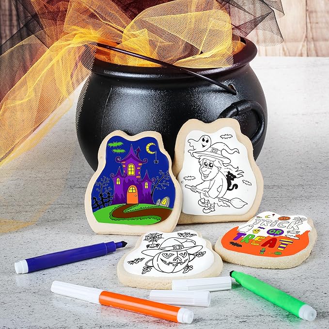 Halloween Cookies Decorating Kit Coloring Gift For Kids Food | 4 Jumbo Cookies + 3 Edible Markers | Individually Wrapped | Activities Pumpkin Witch Ghost Holiday Fall