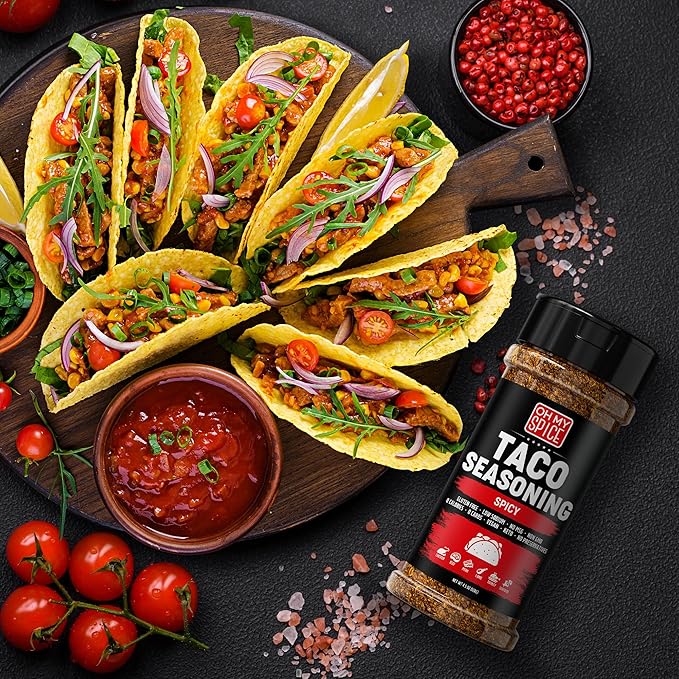 Taco Seasoning Mix Spicy Chili Powder - Gluten Free & Low Sodium Mexican Seasoning Blend for Taco Tuesday Night. Fajita & Burrito Spicy Seasonings. Meat, Chicken & Fish Tacos Hot Spices Topping. 4.5oz