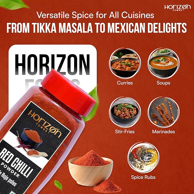 Horizon Foods Premium Red Chili Powder - 200g Indian Spice Blend for Tikka Masala Sauce, Mexican Oregano & Mixed Vegetables. Perfect Seasoning with Guajillo Chiles & Ancho Chili Flakes in Your Indian Spice Box (100g, Red Chilli Powder)
