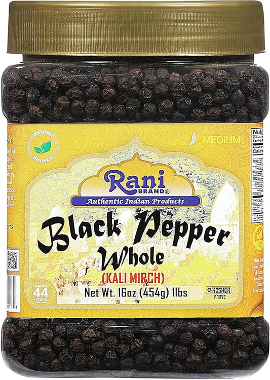 Rani Black Pepper Whole (Peppercorns), Premium MG-1 Grade 16oz (1lb) 454g Bulk PET Jar ~ All Natural | Gluten Friendly | Non-GMO | Kosher | Product of Vietnam | Perfect size for Grinders!