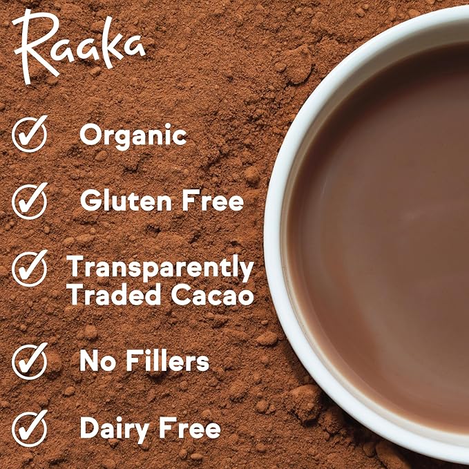 Raaka Premium Hot Chocolate Mix - Vegan, Organic, Gluten and Dairy Free - Lightly Sweetened Gourmet Hot Cocoa with Ethically Sourced Cacao - 8oz Bag Makes 9 Servings